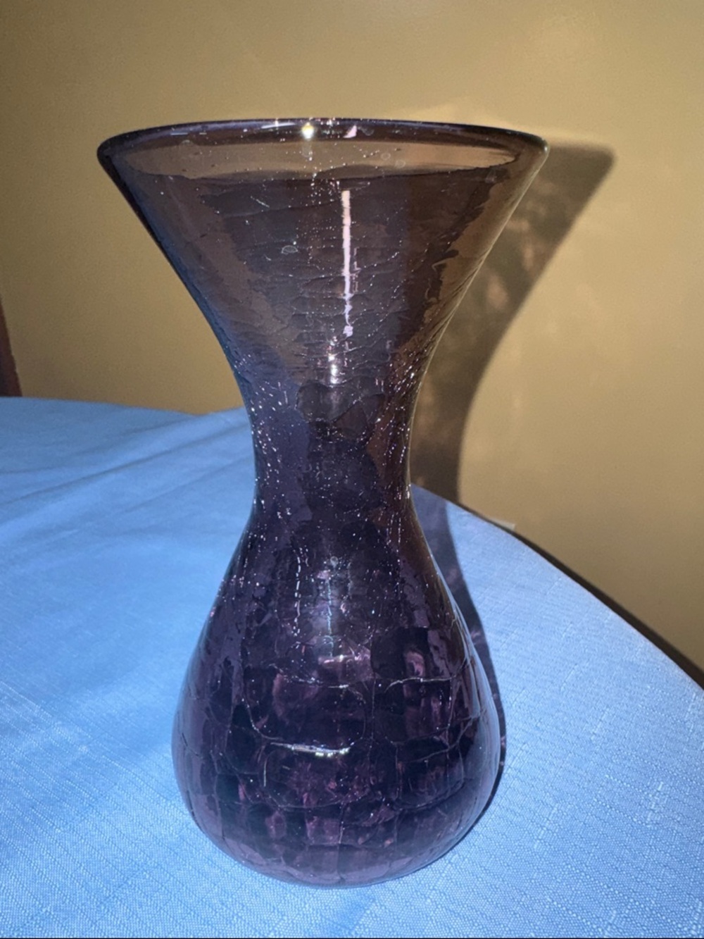 Blenko #5318 Amethyst Crackle Glass Sheaf Vase Purple Hourglass Vase 7.5”